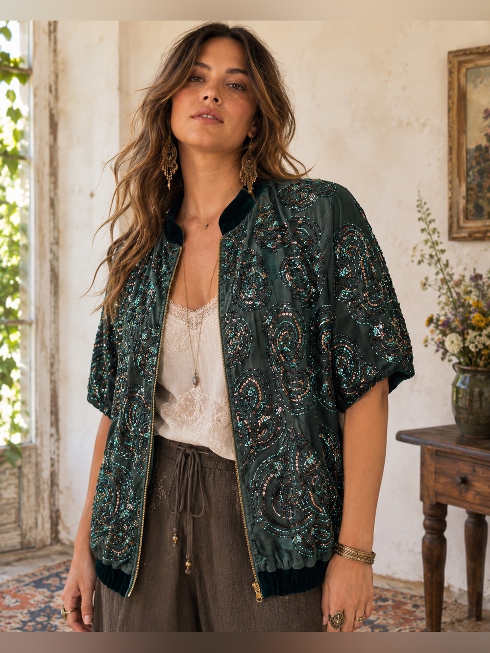 Anthropologie Not So Serious Pallavi Mohan Green Beaded Bomber Jacket Sz Large